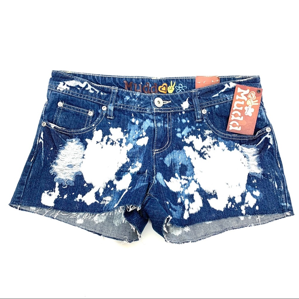Mudd Blue & White Bleach Splatter Print Distressed Jean Shorts Raw Cut Hem Nwt
